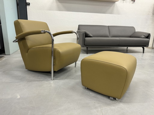 Leolux Scylla Fauteuil Met Poef Raffino Fennic Leer