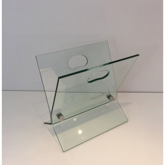 Image 1 of Vintage tijdschriftenrek van glas en geborsteld staal, Frankrijk 1970