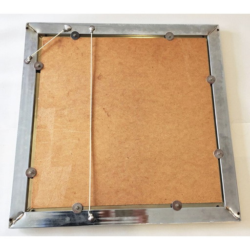 Vintage belgo verchroomd metaal en verguld brons vierkante spiegel, Belgisch 1980