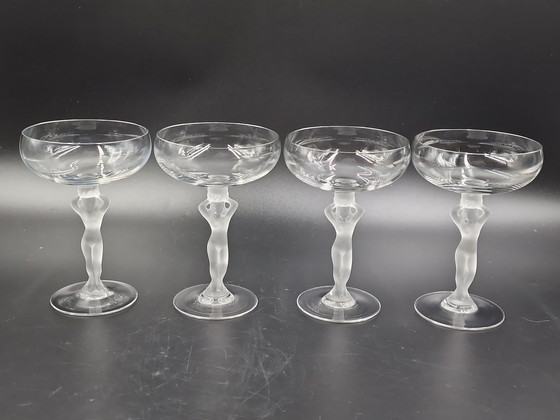 Image 1 of Cristalleries de Bayel, vrouwelijk naakt, 4 Champagne glazen, 4 Likeurglazen