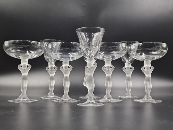 Image 1 of Cristalleries de Bayel, vrouwelijk naakt, 4 Champagne glazen, 4 Likeurglazen