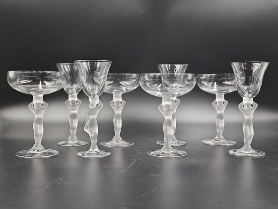 Image 1 of Cristalleries de Bayel, vrouwelijk naakt, 4 Champagne glazen, 4 Likeurglazen