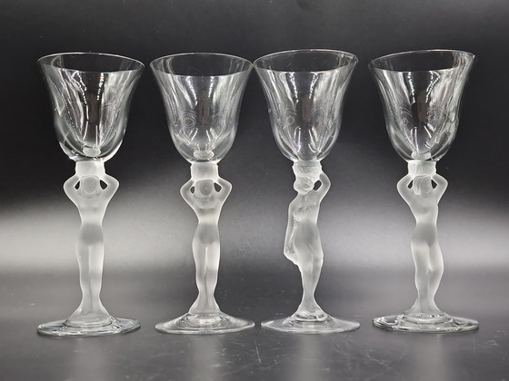 Image 1 of Cristalleries de Bayel, vrouwelijk naakt, 4 Champagne glazen, 4 Likeurglazen