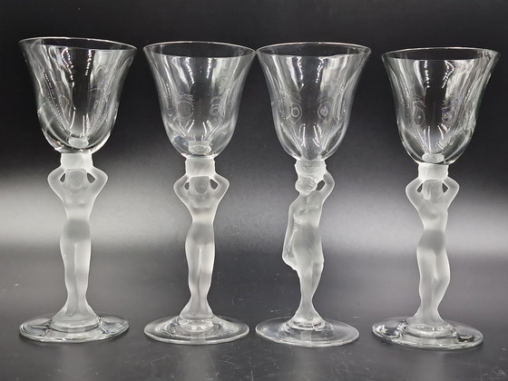 Image 1 of Cristalleries de Bayel, vrouwelijk naakt, 4 Champagne glazen, 4 Likeurglazen