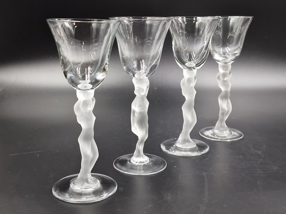 Image 1 of Cristalleries de Bayel, vrouwelijk naakt, 4 Champagne glazen, 4 Likeurglazen