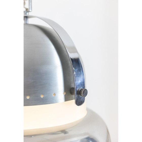 Image 1 of Vintage ronde hanglamp van geborsteld metaal en opaline glas, 1970