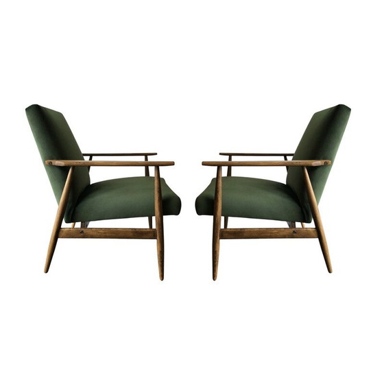 Image 1 of Paar vintage beuken en groen fluwelen fauteuils van Henryk Lis, jaren 1960