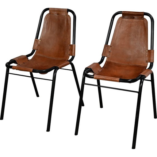 Paar vintage stoelen van metaal en leer, geselecteerd door C. Perriand voor Les Arcs, 1960