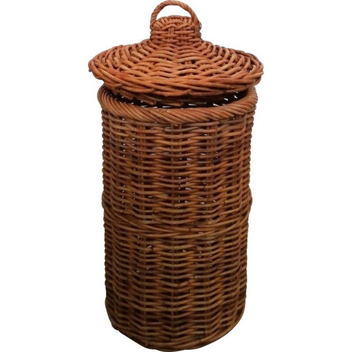 Vintage handgeweven rieten mand met deksel, Italië 1950