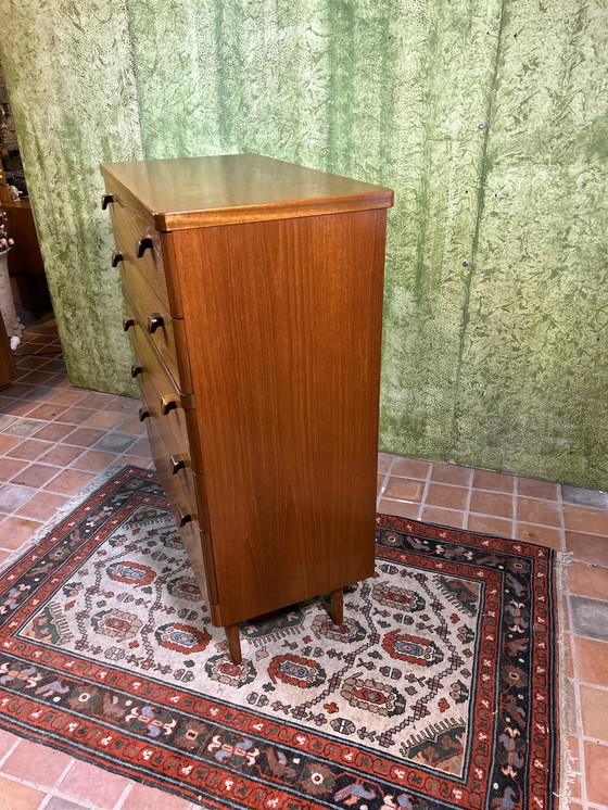 Image 1 of Mid century retro vintage teakhouten hoge ladekast van Stag