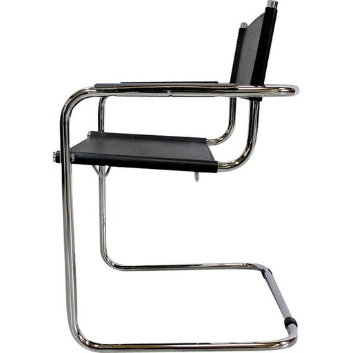 Zwart leer en verchroomd metalen vintage fauteuil van Matteo Grassi, jaren 1970