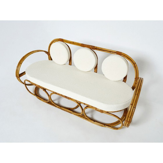 Image 1 of Vintage Italiaanse 3-zitsbank en voetenbank van bamboe en wol, jaren 1960