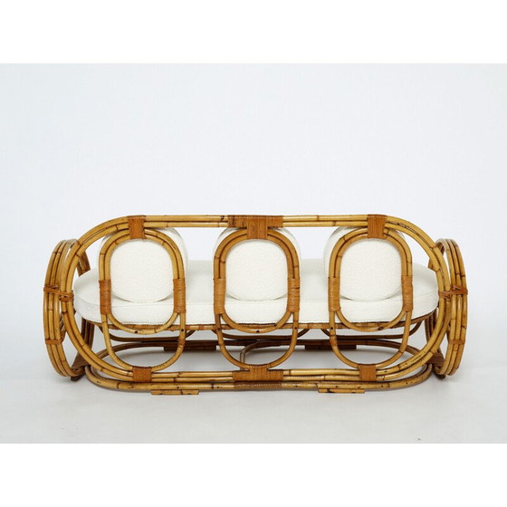 Image 1 of Vintage Italiaanse 3-zitsbank en voetenbank van bamboe en wol, jaren 1960