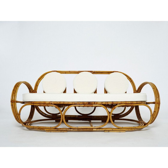 Image 1 of Vintage Italiaanse 3-zitsbank en voetenbank van bamboe en wol, jaren 1960