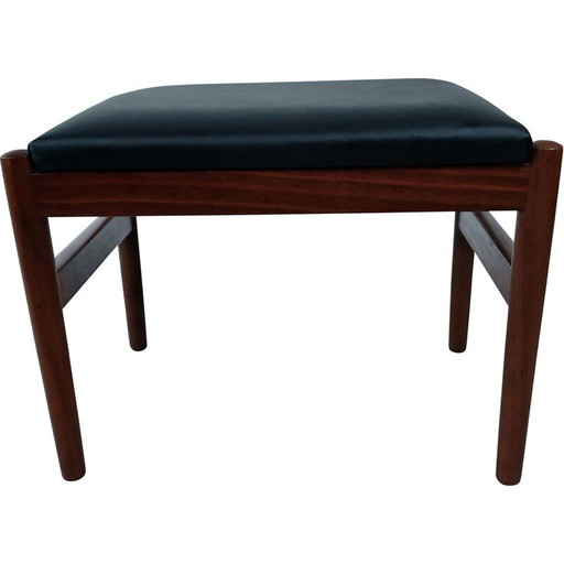 Vintage Deense teakhouten voetensteun bekleed met zwart leer, jaren 1960