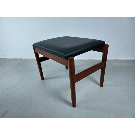 Image 1 of Vintage Deense teakhouten voetensteun bekleed met zwart leer, jaren 1960