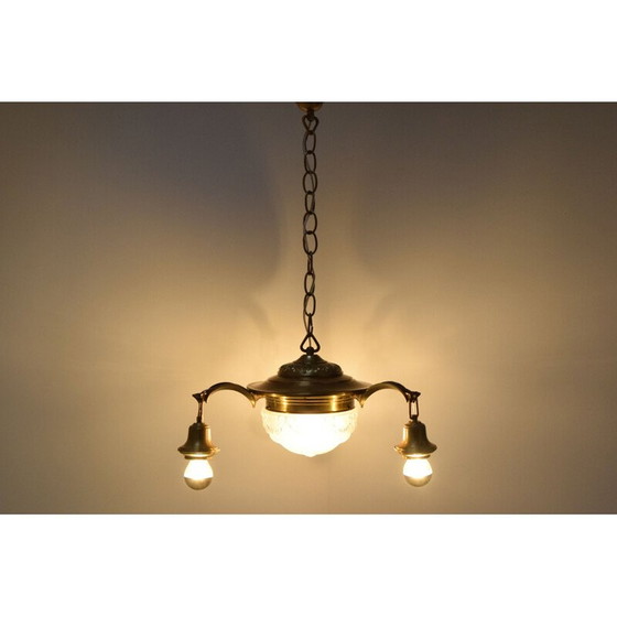 Image 1 of Vintage art deco kroonluchter van glas en messing, Tsjechië 1930