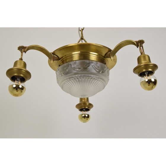 Image 1 of Vintage art deco kroonluchter van glas en messing, Tsjechië 1930