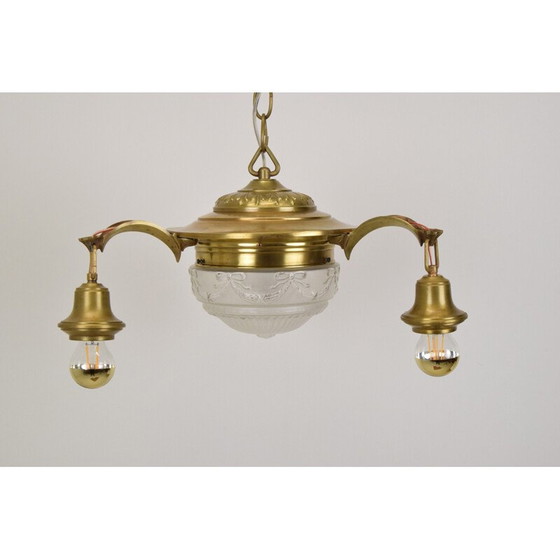 Image 1 of Vintage art deco kroonluchter van glas en messing, Tsjechië 1930