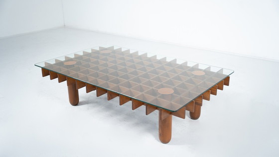 Image 1 of Salontafel van Mid Century hout en glas in de stijl van Gianfranco Frattini, Italië, 1970S