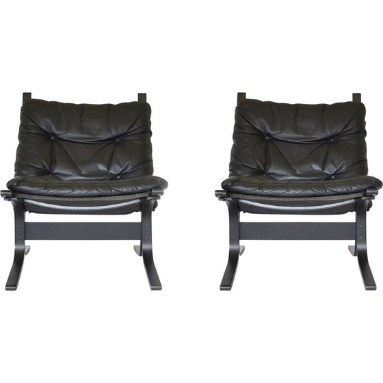 Image 1 of Paar vintage zwart lederen Siesta fauteuils van Ingmar Relling voor Westnofa, Noorwegen 1960