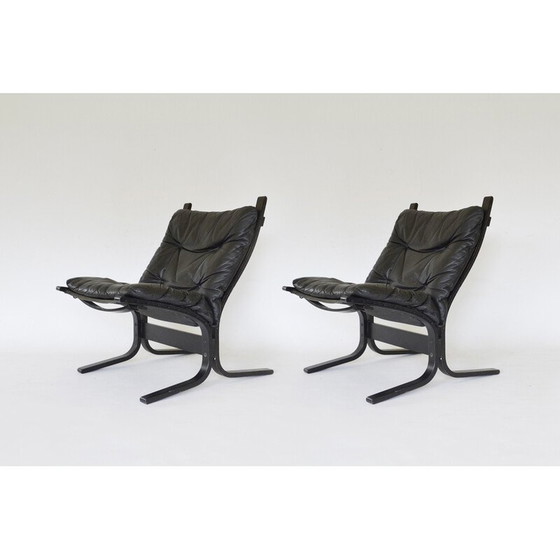 Image 1 of Paar vintage zwart lederen Siesta fauteuils van Ingmar Relling voor Westnofa, Noorwegen 1960