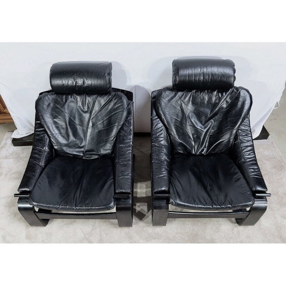 Image 1 of Vintage zwart echt lederen "Kroken" woonkamer set door Ake Fribytter voor Nelo, Zweden 1974