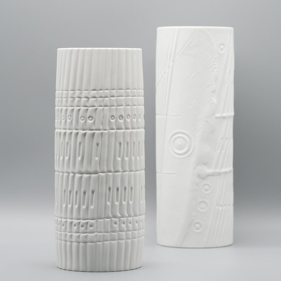 Image 1 of Werner Schreib Bamboe Reliëf Rosenthal Studio Line Bisque Porseleinen Vaas Duo Xl