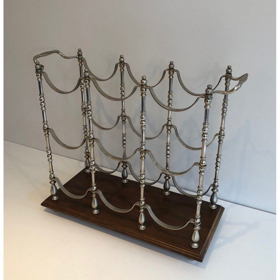 Image 1 of Vintage verzilverde flessenhouder op houten voet, 1960