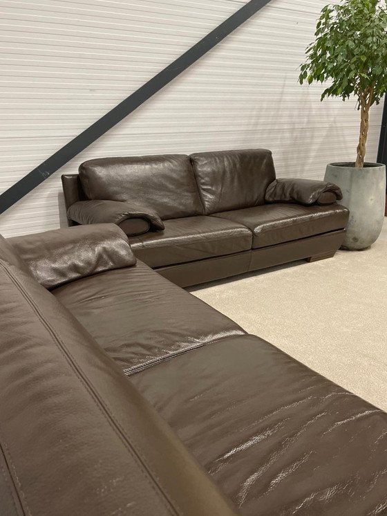 Image 1 of Natuzzi Bruine Echt Leder 3 + 2.5 Zitsbank