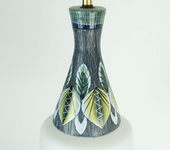 Image 1 of deense moderne hanglamp teak opaline glas keramiek 3-lichts hanglamp jaren 50 60