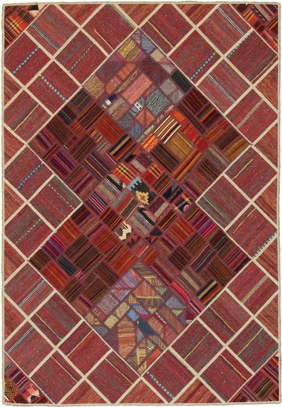 Image 1 of Origineel handgeknoopt Perzisch tapijt Kelim Patchwork Design 197 X 138 Cm Topconditie