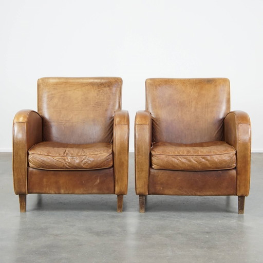 2 X Cognac-Kleurige Rundleren Armchair