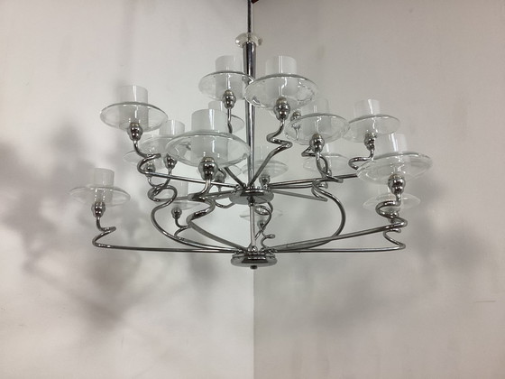 Image 1 of Grote Italiaanse Design Kroonluchter Chroom En Glas 
