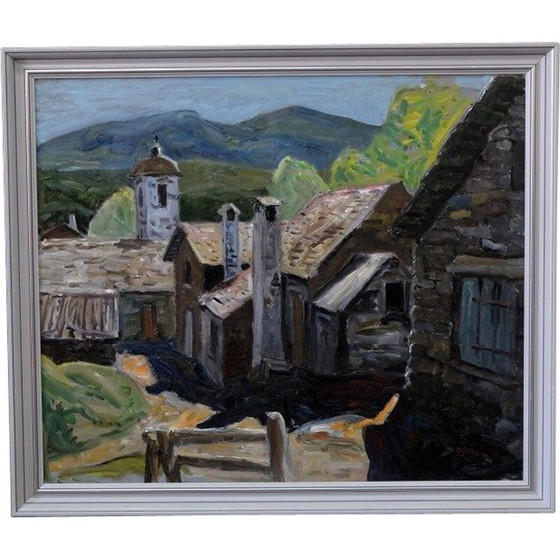 Image 1 of Scandinavisch vintage groot landschap olieverfschilderij op paneel door Gunnar S. Malm, Zweden 1960