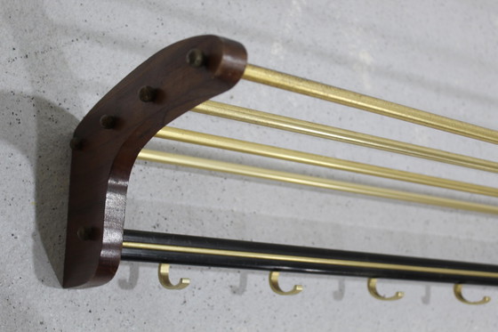 Image 1 of Vintage kapstok, garderobe - hout, messing, jaren '60 