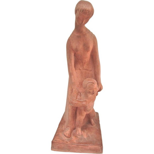 Vrouw en kind in vintage gips met terracotta patina, 1960