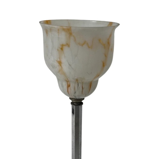 Image 1 of Kunst deco - Tafellamp - Kelkvormig, meerkleurig glas - Zilver voet met aan/uit-schakelaar