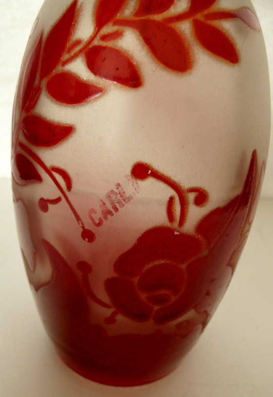 Image 1 of Art Deco Toiletset - Carly - Geëmailleerd Glas Met Rood Floraal Decor - 14-Delig.