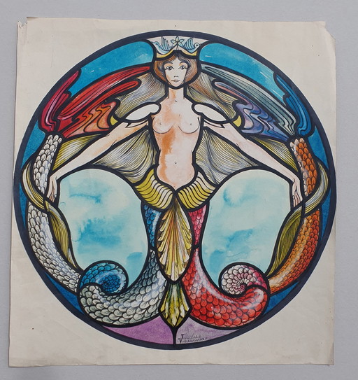 Original Vintage Watercolor Design For Stained Glass Window