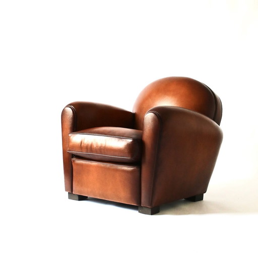 Traditionele oxford club fauteuil, havana leer, handen gepatineerd basaan