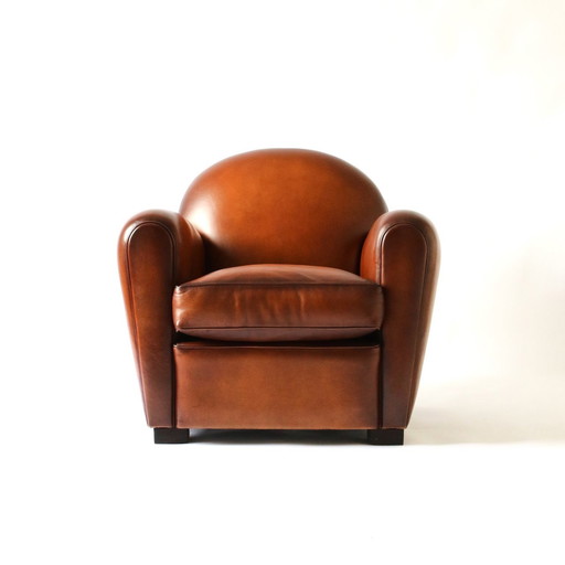 Traditionele oxford club fauteuil, havana leer, handen gepatineerd basaan