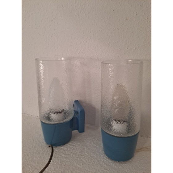 Image 1 of Paar vintage Italiaanse wandlampen van blauw geëmailleerd metaal en glas, jaren 1950
