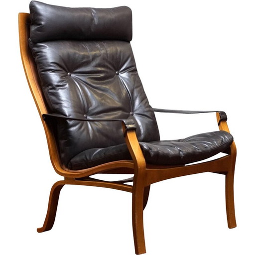 Vintage fauteuil in hout en anilineleer van Ingmar Relling voor Westnofa, Noorwegen 1970