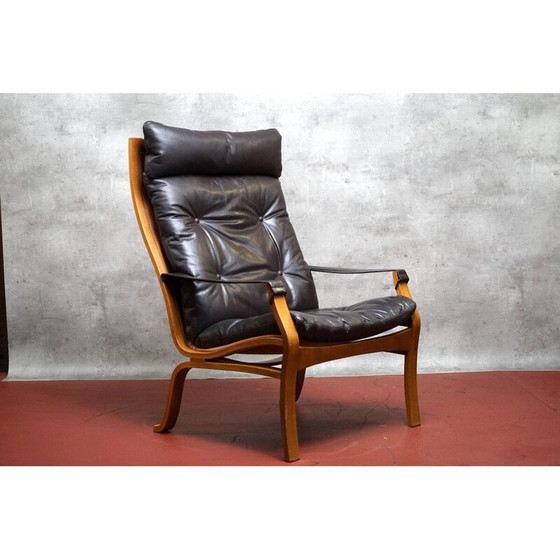 Image 1 of Vintage fauteuil in hout en anilineleer van Ingmar Relling voor Westnofa, Noorwegen 1970
