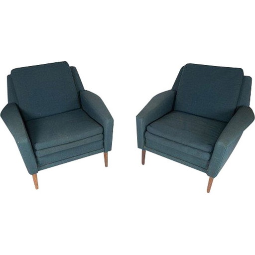 Paar vintage turquoise wollen fauteuils van Fritz Hansen, 1960