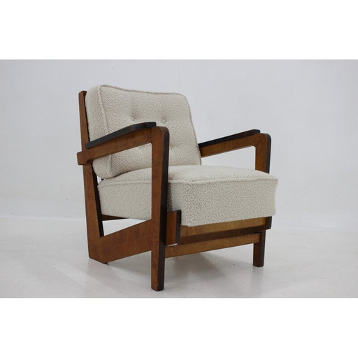 Vintage kubistische fauteuil in wolboucle en hout, Tsjecho-Slowakije jaren 1930