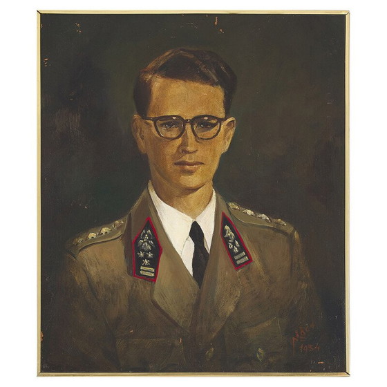 Image 1 of Vintage olieverf op isorel "Portret van zijne Majesteit Boudewijn I" door Pierre Piget, 1954