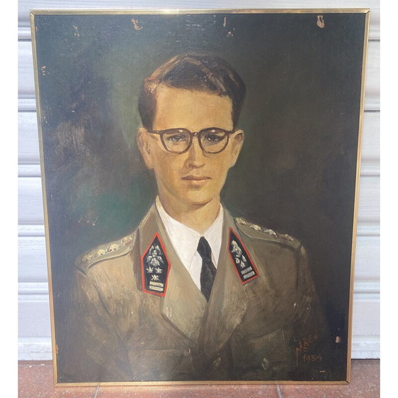 Image 1 of Vintage olieverf op isorel "Portret van zijne Majesteit Boudewijn I" door Pierre Piget, 1954
