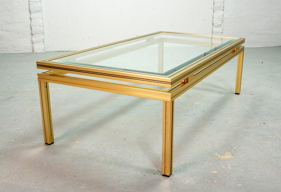 Image 1 of Pierre Vandel Messing Geborsteld Aluminium Salontafel Mid Century Design met Glazen Bovenblad, Frankrijk, 1970